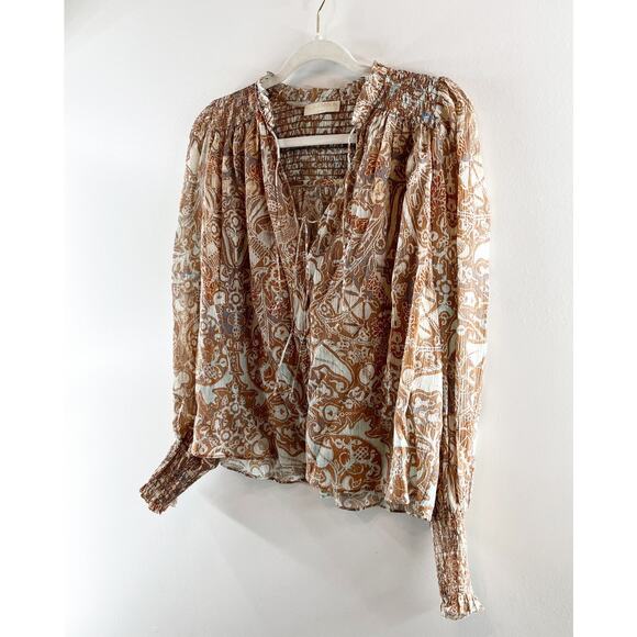 Ulla Johnson Ida Printed Cotton Blend Puff Sleeve Split-Neck Blouse Feldspar 2 - Picture 5 of 10